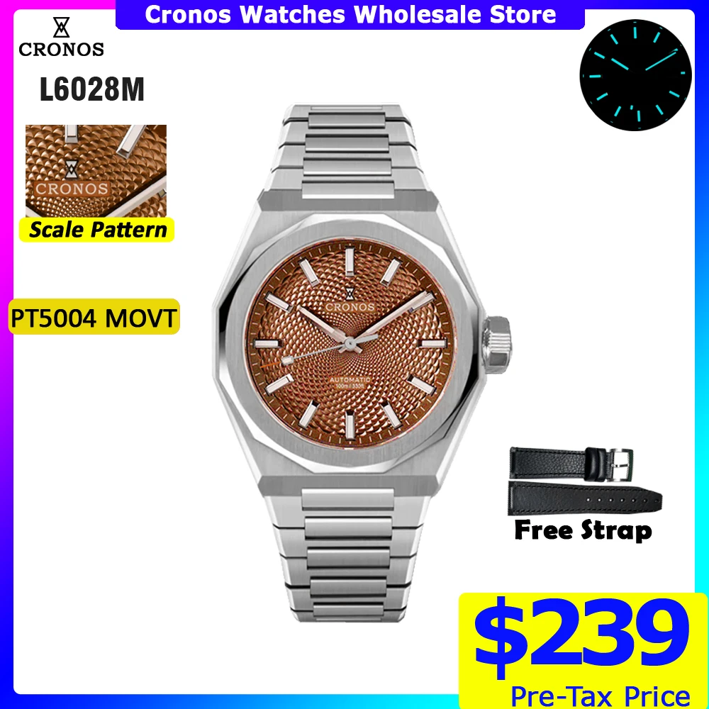 Cronos Luxury Men Watch 39mm Automatic PT5000 Wristwatches Brown Scale Pattern Sapphire 10ATM See-through Back