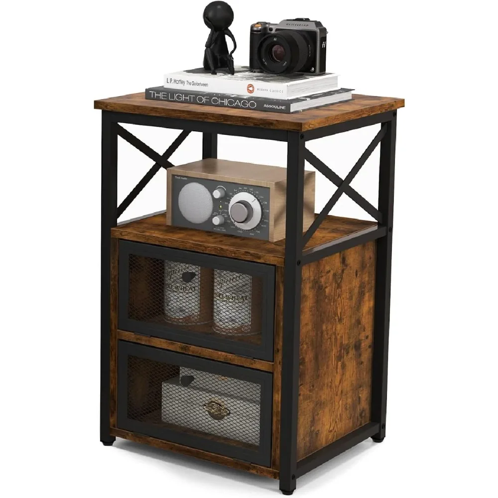

Industrial Bedside Table, Wooden End Sofa Side Table With 2 Flip Drawers And Open Shelf, Metal Frame Accent Table Nightstand For