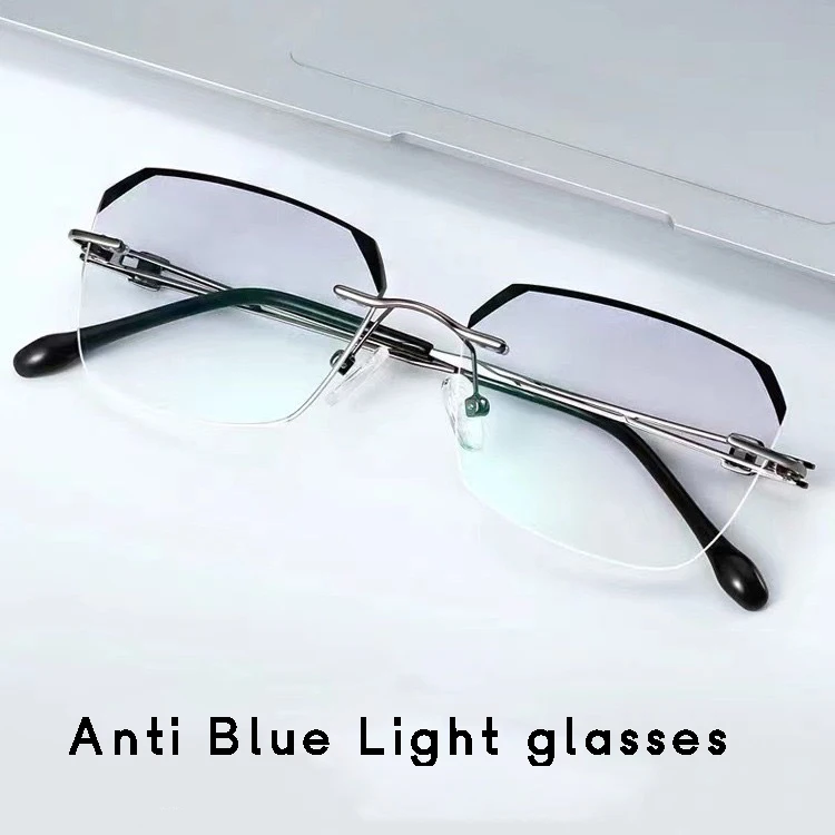 Anti blue light Men's Rimless Reading Glasses ,Square Business Frameless High-end Presbyopia glasses (Grey,Gold Frame) R235