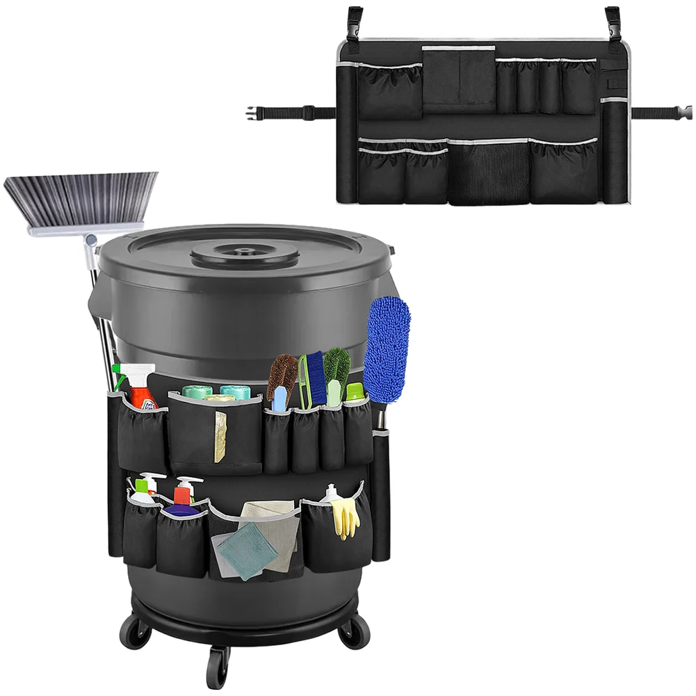 Cleaning Tool Organizer Pouch Round Design Fits 32-55 Gallon Bins Top Straps Back For snap Buttons Easy Install