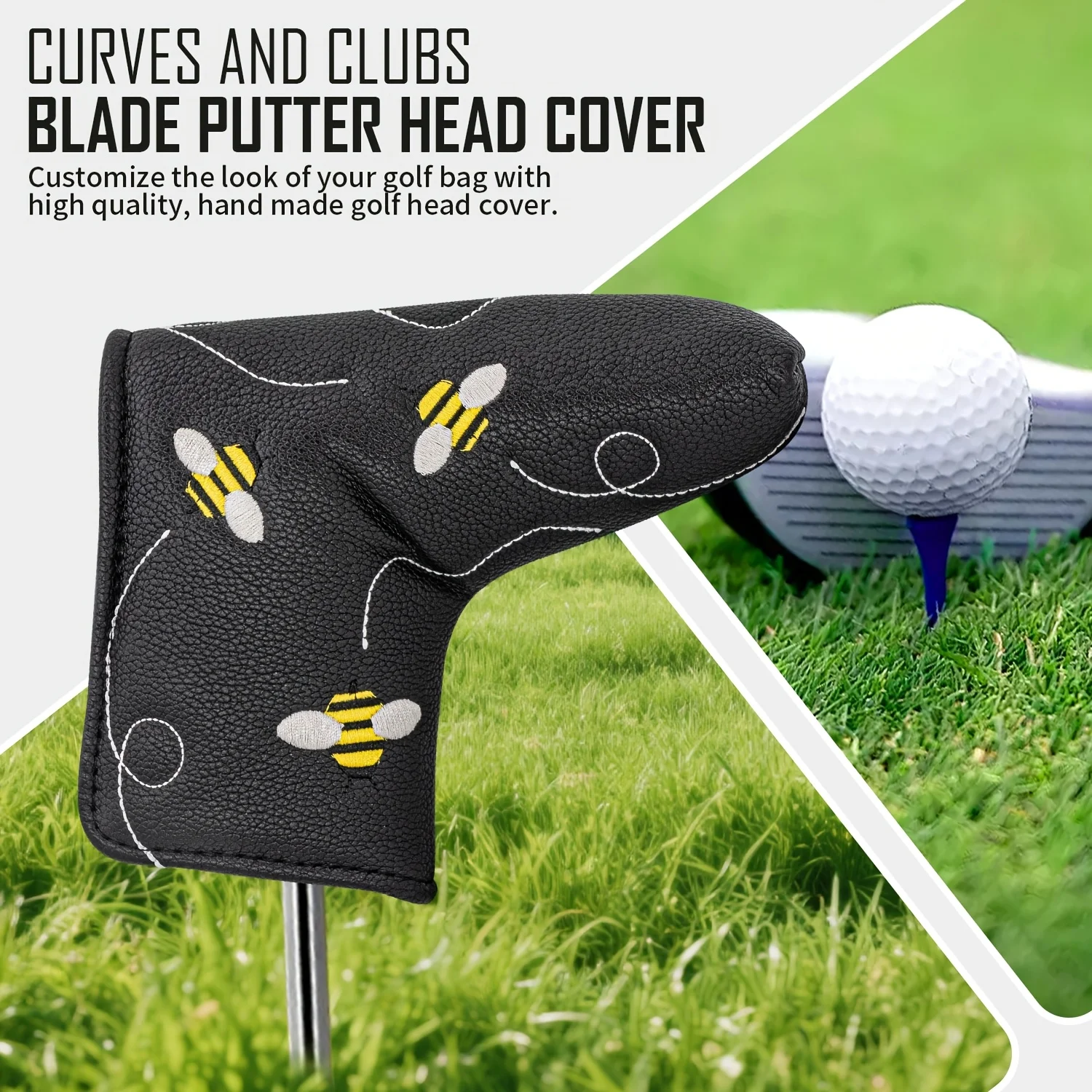 Little Bee Style And Crossbones Golf Putter Cover - Premium Blade Headcover with Soft Lining, Golf Club Accessory, Unique Gift image 3