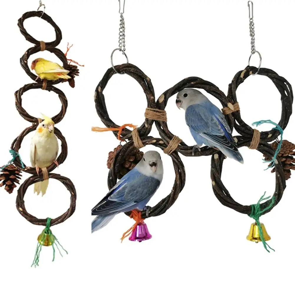 Birds Parrots Hand-woven Hanging Ring Perch Stand Bird Swing Climbing Toy With Bells Pine Cones Cage Supplies