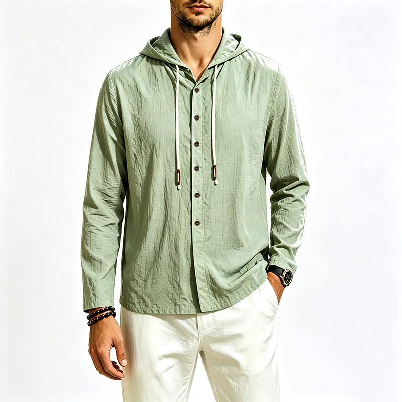 2026 New Men Linen Hooded Long Sleeve Shirt Drawstring Hood Casual Beach Vacation Travel Daily Walking Button Down Blouse