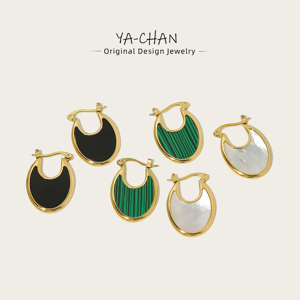 

YACHAN Vintage Geometric Oval Stainless Steel Hoop Earrings for Women Malachite Shell Dangle Earrings Waterproof Jewelry