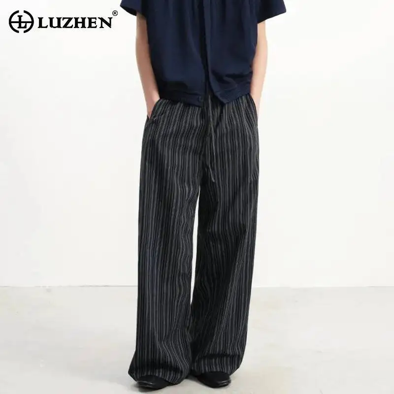 LUZHEN 2026 New Stylish Elegant Stripe Printed Drawstring Waist Loose Straight Casual Pants Men's Niche Wide Leg Trousers JY7833