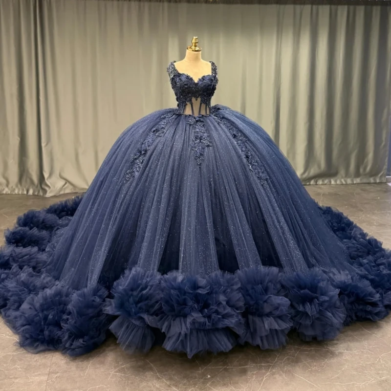 

Navy Blue Shiny Quinceanera Dresses Off The Shoulder Applique Flower Beading Crystal Tiered Tull Party Birthday Sweet 16 Dress