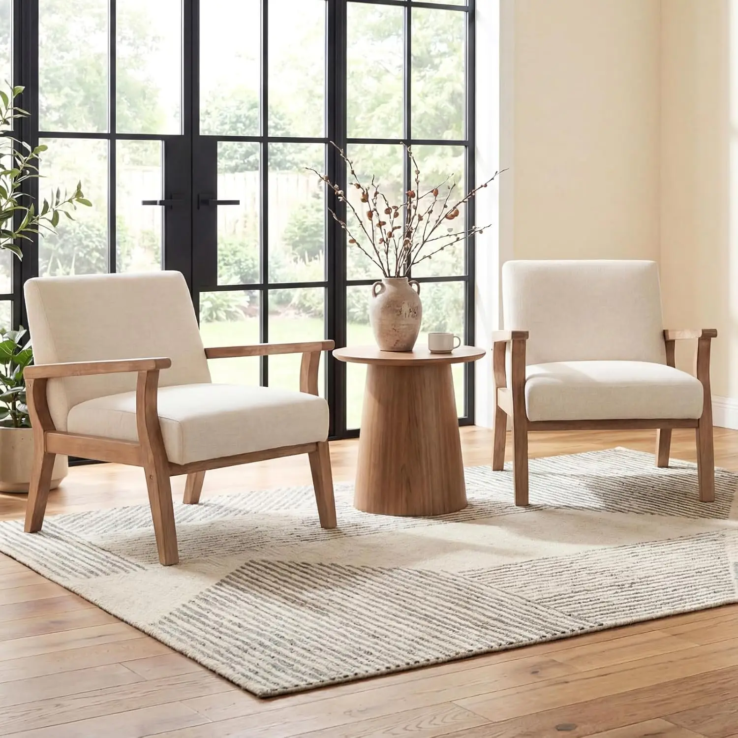Mid Century Modern Accent Chair Set 2, Linen Upholstered Armchair Wood Frame, Living Room Bedroom, Ivory, Customized