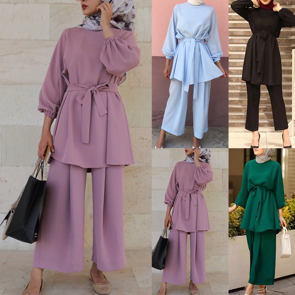 Muslim Fashion For Work Muslim Women Abaya Set Women Office Outfit Spring Waist Solid Color Female Muslim Sets