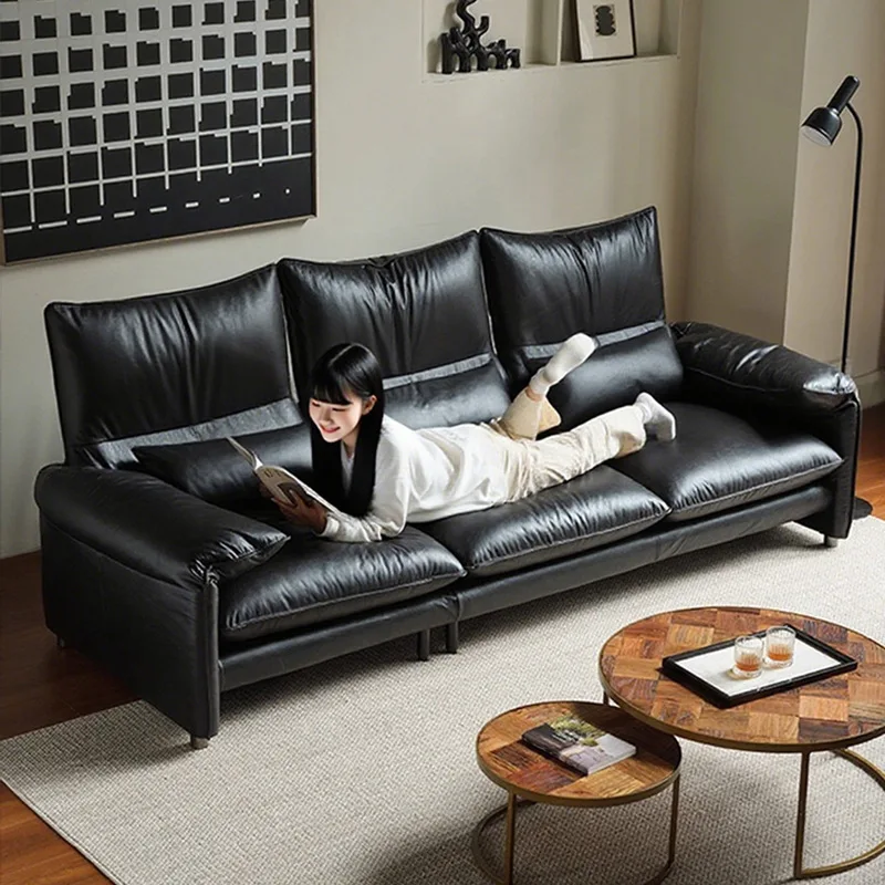 &For Maralunga First-Class Retro Italian Minimal Leather Sofa Set Black Genuine Leather Sponge for Living Room