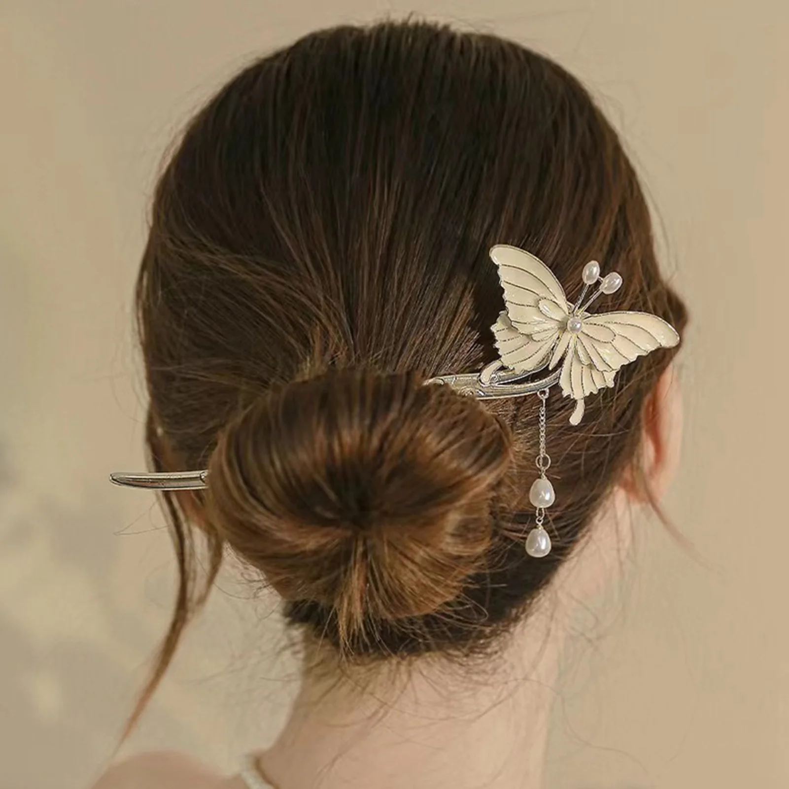 Butterfly Hair Chopsticks with Tassel Silver Plated Prong Updo Chignon Pins with White Pearls for Hair DIY Accessory Hair