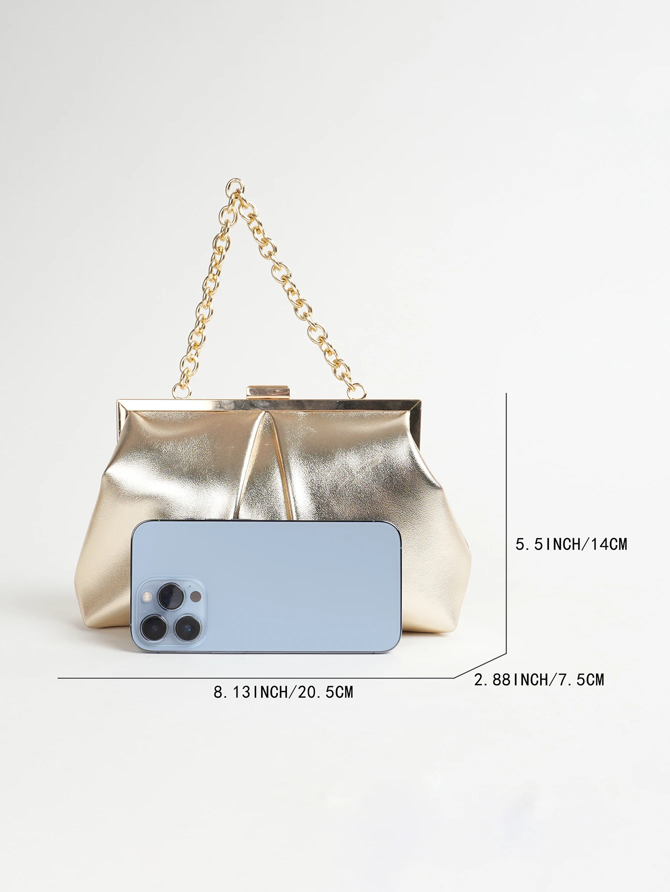1 Stück Elegante Abendtasche aus Metallic-PU-Leder mit Falten und Kiss-Lock-Verschluss, Glänzender Metallkettenhalter-Rahmen, Crossbody-Clutch-Tasche – Detail 9