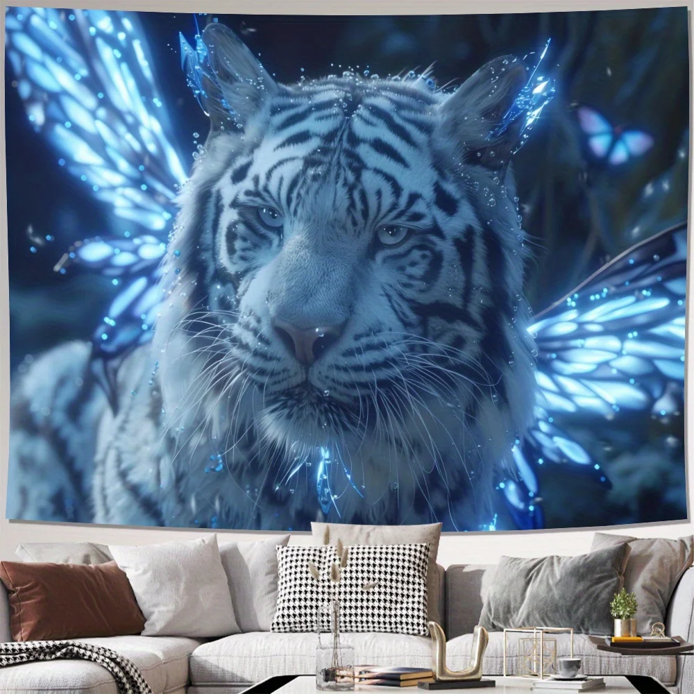 Winged White Tiger Tapestry 2D Digital Print Polyester Wall Hanging Living Room Bedroom Office Decor with Hooks