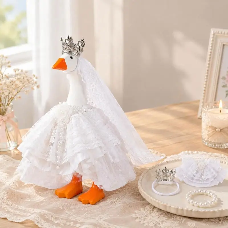 E8BD Geese Wedding Dress and Crown Veil, Pearls Necklace Set for Decorative Displays