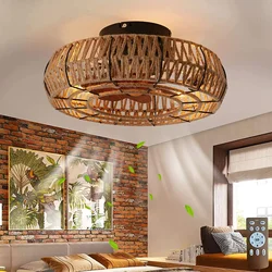 Creative retro cage style ceiling fan light remote control for American style living room Hemp rope ceiling fan with light
