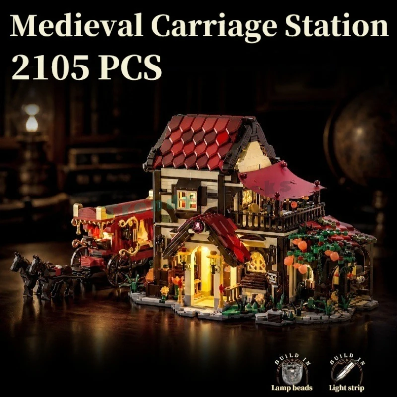 

2105PCS Hot-selling Medieval Carriage Station,Villa LED Architecture HouseBricks Desktop Ornament,Building Blocks DIY Toys Gift