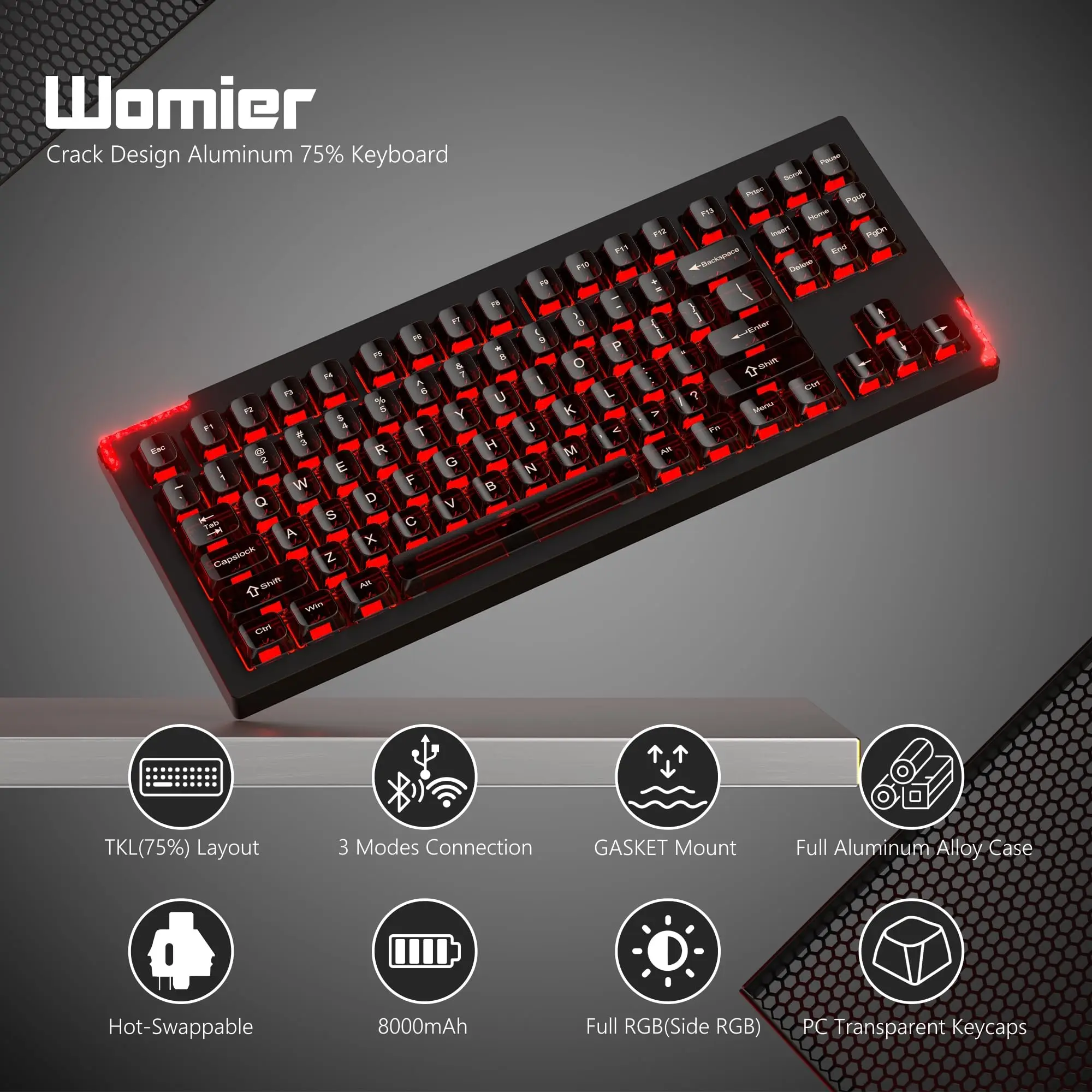 Womier Black SK87 3-Mode 75% Keyboard QMK/VIAFull Aluminum Wireless Gamer Keyboard RGB Gaming Mechanical Keyboard for Win/MAC