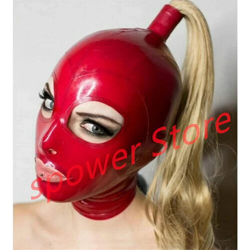 

Natural Latex Full Head Latex Hoods Rubber Mask Fetish Cosplay Mask Red with Wig Back Zipper Club Wear