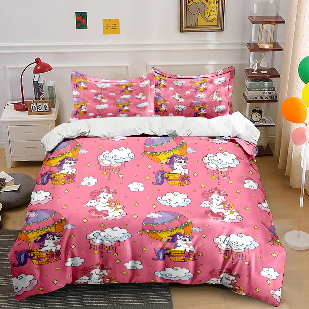 Dreamy Unicorns and Hot Air Balloons Pattern Print Bedding set 3PC 1 duvet cover 2 pillowcases adult and children bedding set