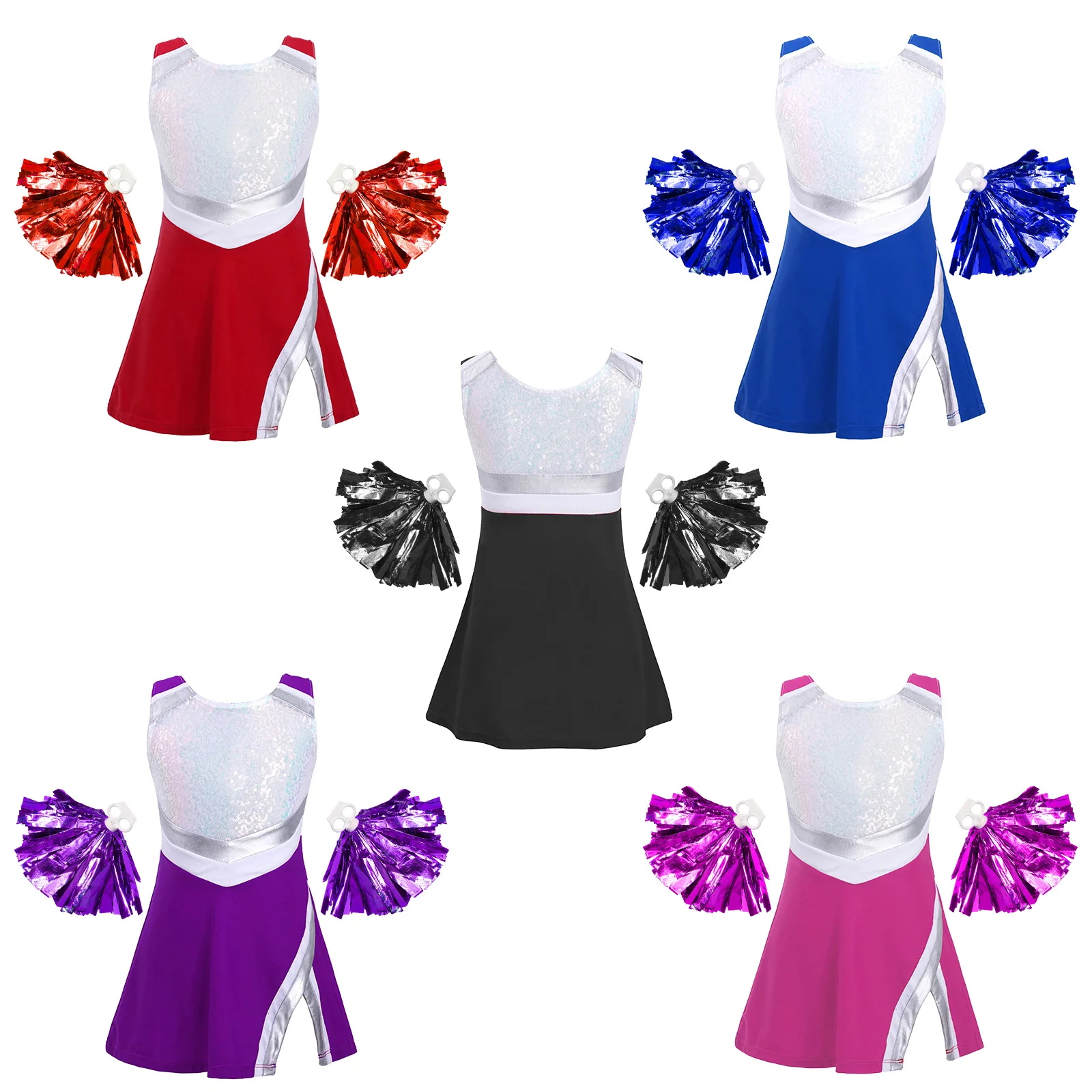 

Cheerleader Costume for Girls Dance Outfit Sleeveless Round Neck Shiny Sequins Adorned Dress with Shorts And 1 Pair Flower Balls