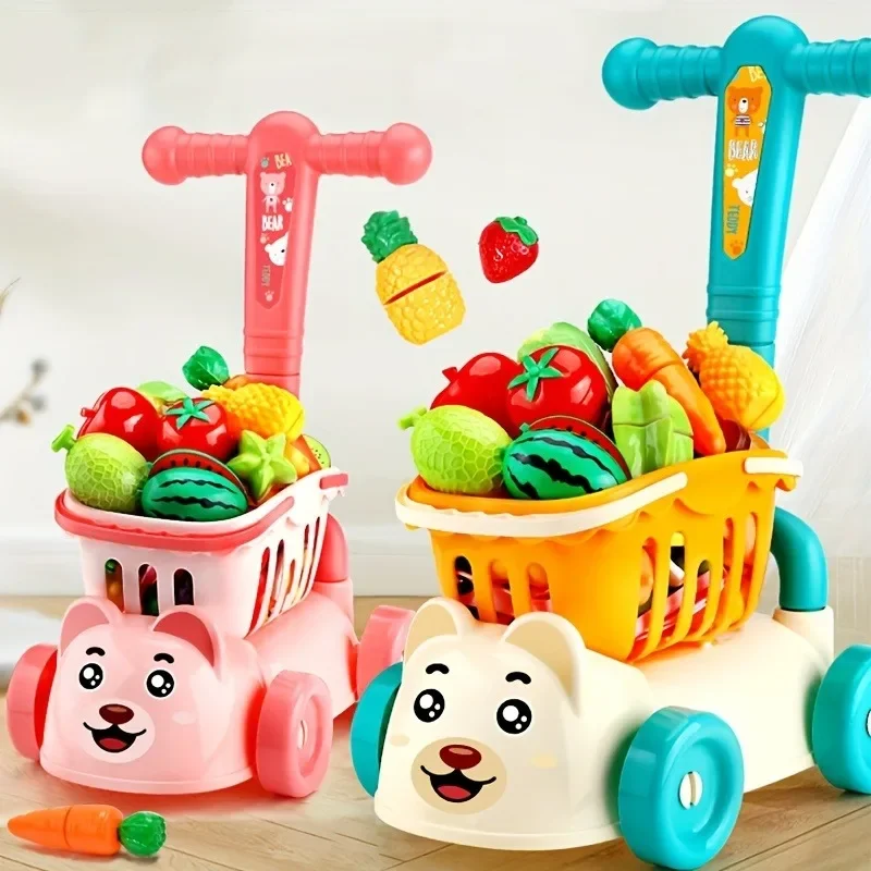 

Kids Shopping Cart Trolley Play Set with Cutting Play Food Kitchen Accessories Pretend Play Role-Playing Game Birthday Gift