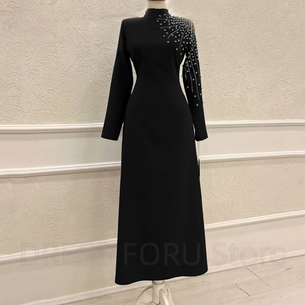 Elegant Black Mother of the Bride Dress High Neck And Long Sleeve with Beading A-Line Ankle Length for Wedding Party Guest