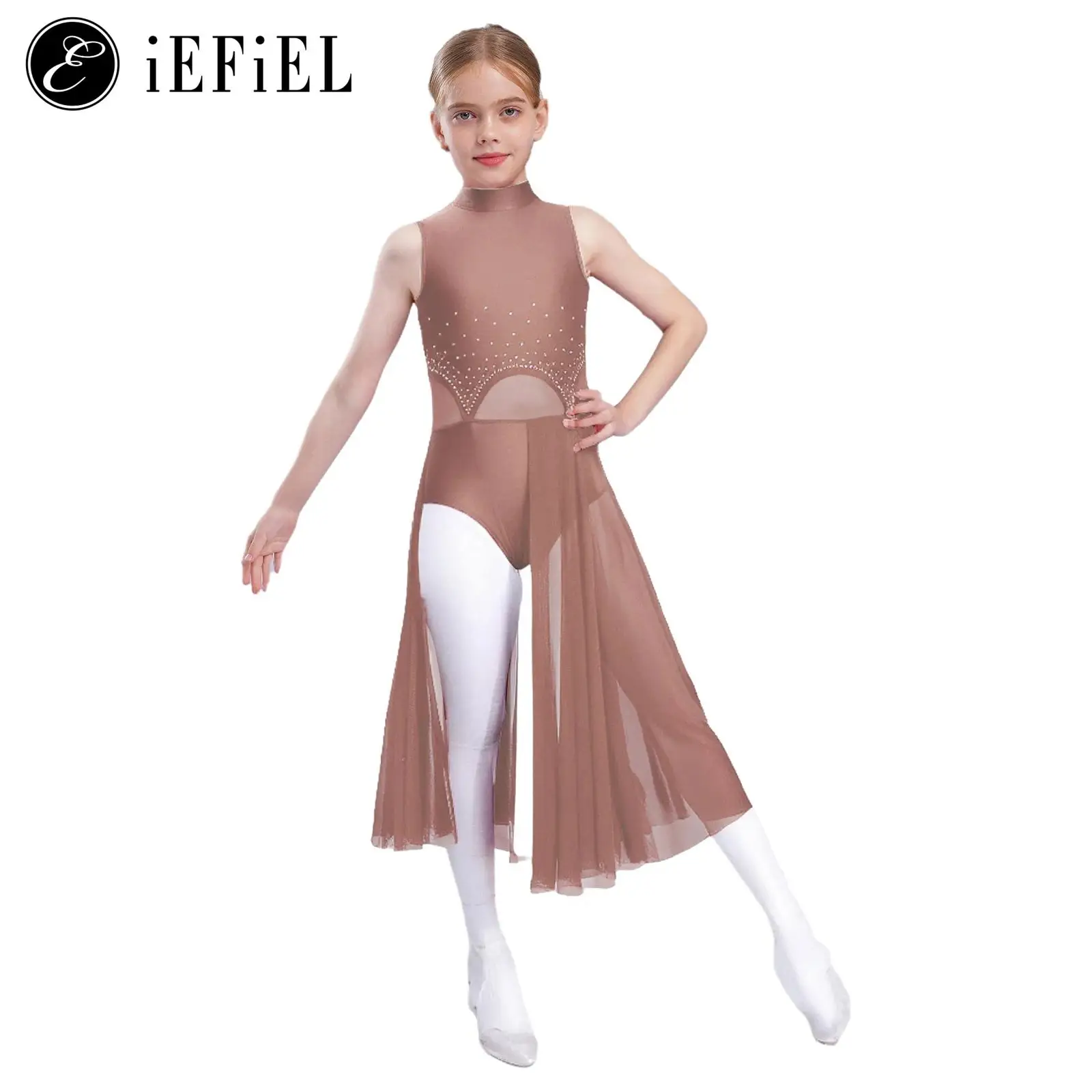 

Kids Girls Modern Contemporary Lyrical Dance Dress Shiny Rhinestone Mock Ballet Leotard Split Chiffon Maxi Skirts Dancewear
