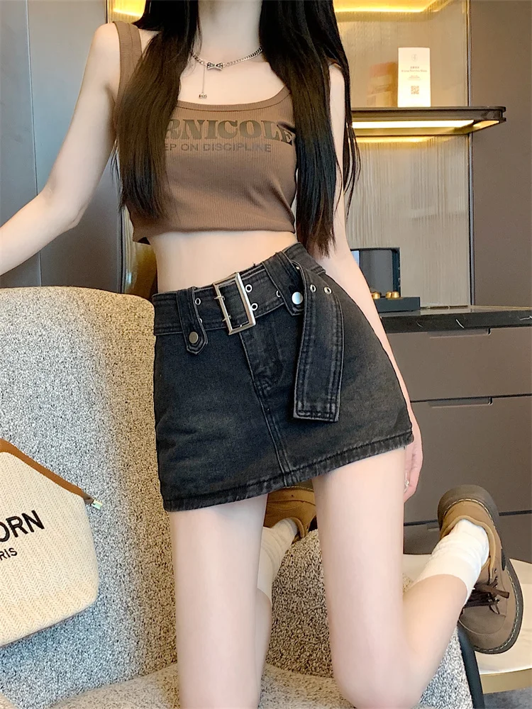 ارتفاع الخصر Bla الدنيم تنورة المرأة Sle الكورية تخفيف خمر زر سستة كيت تصميم ألف خط ort تنورة #5