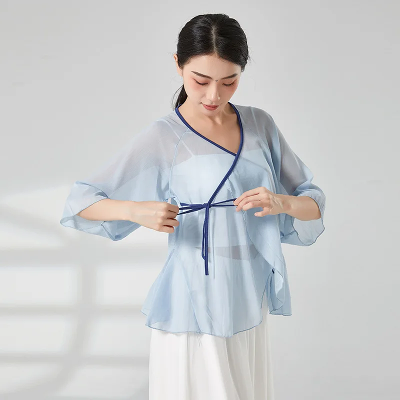 Classical Dance Cardigan V-neck Top Female Form Training Clothes Flowy Ancient Outwardly Dressed Body Charm Gauze Blouse Pink