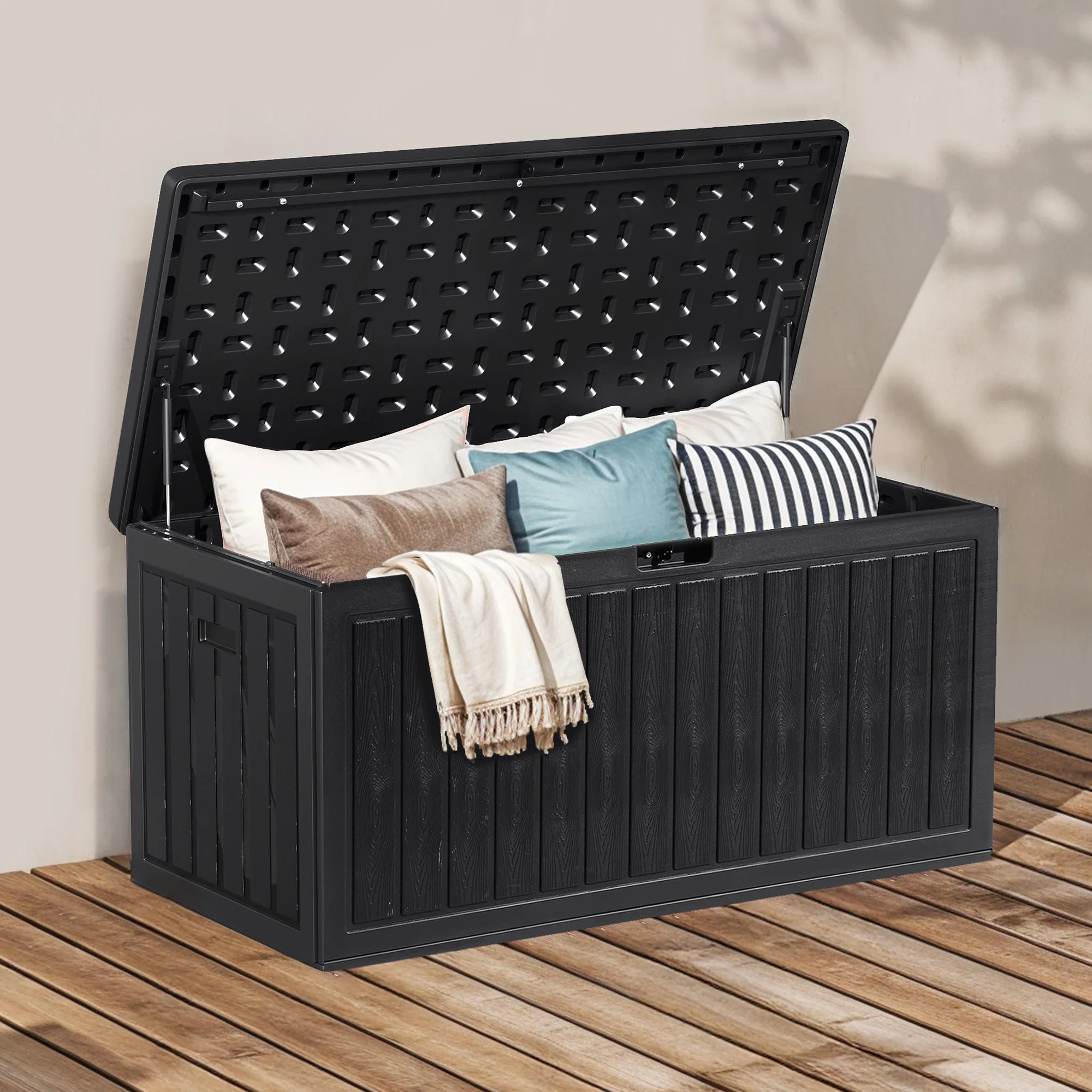 Caja de Almacenamiento Exterior de HDPE 303L, Caja de Almacenamiento Impermeable con Cerradura, Banco de Patio para Cojines y Herramientas de Jardín