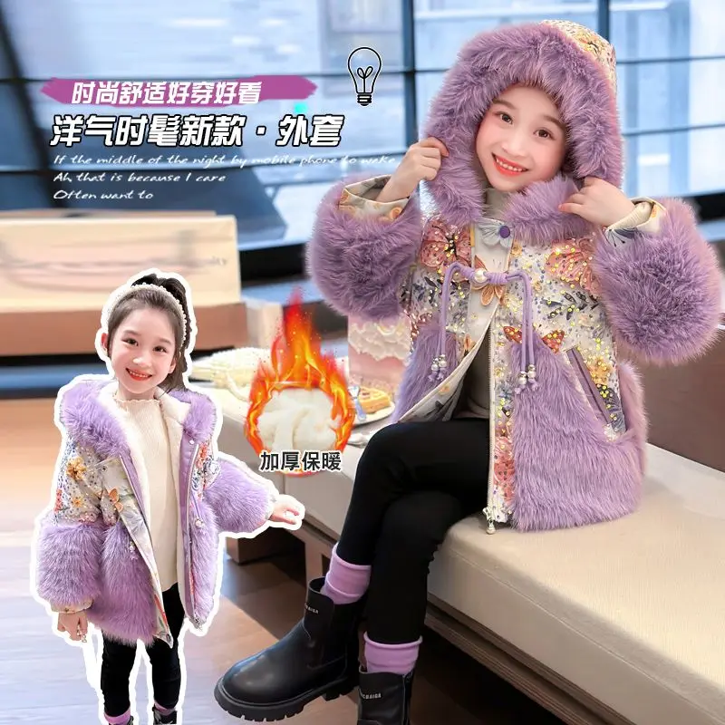 Winter Warm Jackets Purple Floral Cotton Coats Cute Girls Jackets Baby Plus Velvet Thick  Kids Hooded Outerwear Children Shiny C