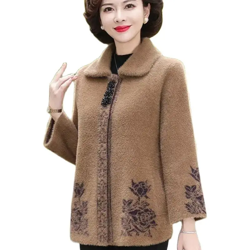 Middle Aged Elderly Women Imitation Mink Velvet Sweater Cardigan Women's Knitted Jacket Spring Autumn Winter Coat Tops Female