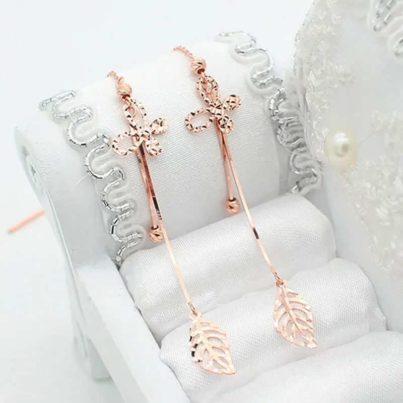 Elegant and Sweet Style 585 Purple Gold Plated 14K Rose Gold Butterfly Leaf Ear line earrings for women Light Luxury Jewelry