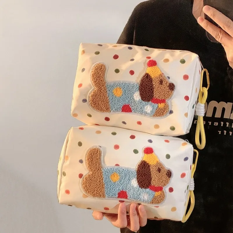 1PCS Cute Towel Embroidery Soft Fabric Pouch Spacious Interior Portable Hand Bag for Stationery Daily Sundries Organization