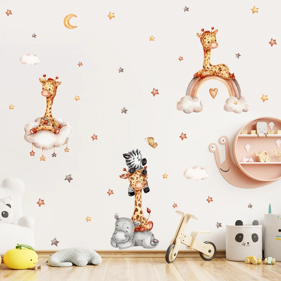 

Cartoon Cute Giraffe on Rainbow Stars Clouds Watercolor Vinyl Nursery Wall Decal Print Kids Boys Girls Room Interior Home Decor