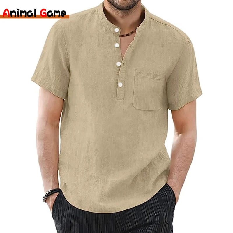 New Summer Men\'s Solid Color Short Sleeve T Shirts Cotton Breathable Loose Linen Shirts Collar Tops With Pockets