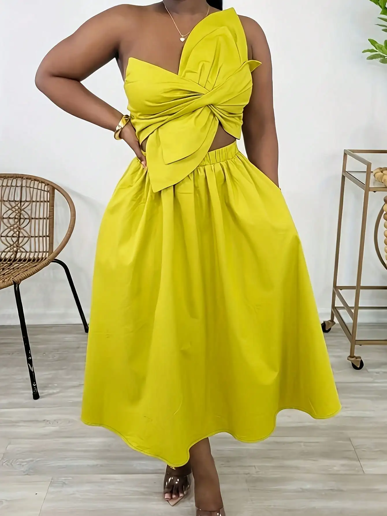

Vibrant Yellow Off-Shoulder Asymmetrical Bow Top with Pleated Midi Skirt