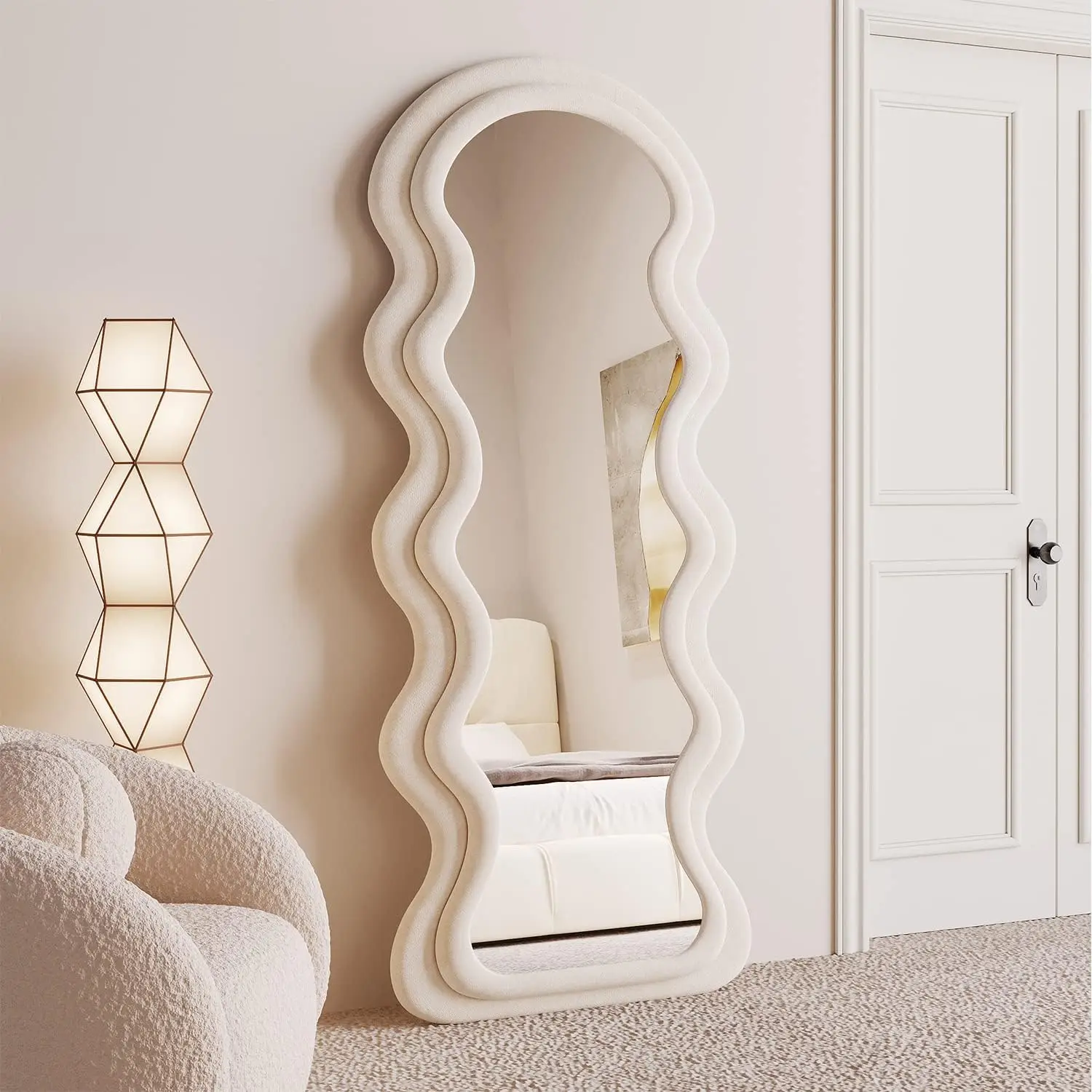 Full Length Wavy Arched Mirror, 63x24in, Wall Mount/Standing/Leaning - White