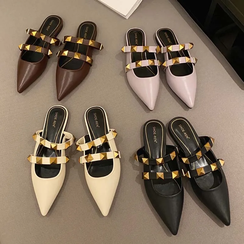 Fashion Rivet Women Flats Mules Slippers Shallow Footwear 2024 Spring Pointed Toe Female Sandals Outdoor Slides Ladies Shoes