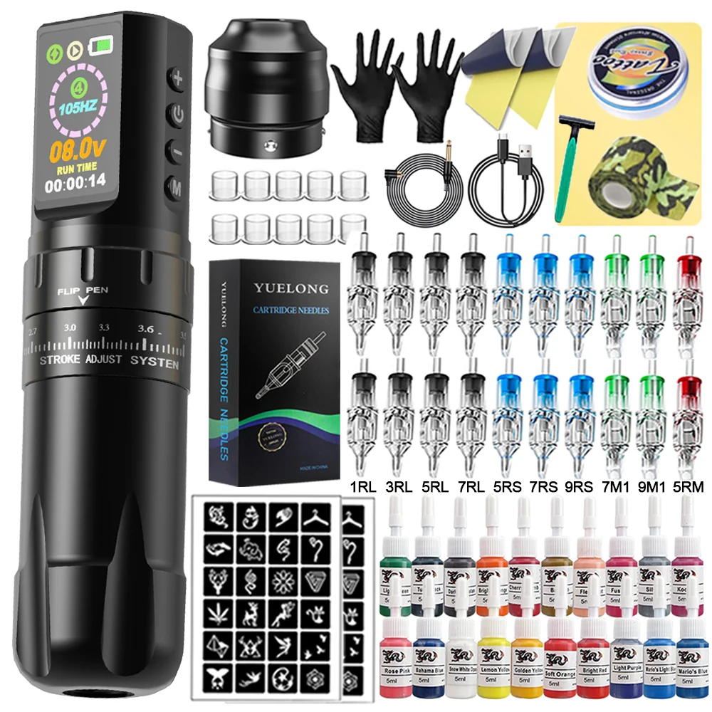 

Complete Wireless Tattoo Pen Machine Kit Rotary Adjustable 2.4-4.2mm Strokes Tattoo Machine with Mixed Cartridge Needles Set