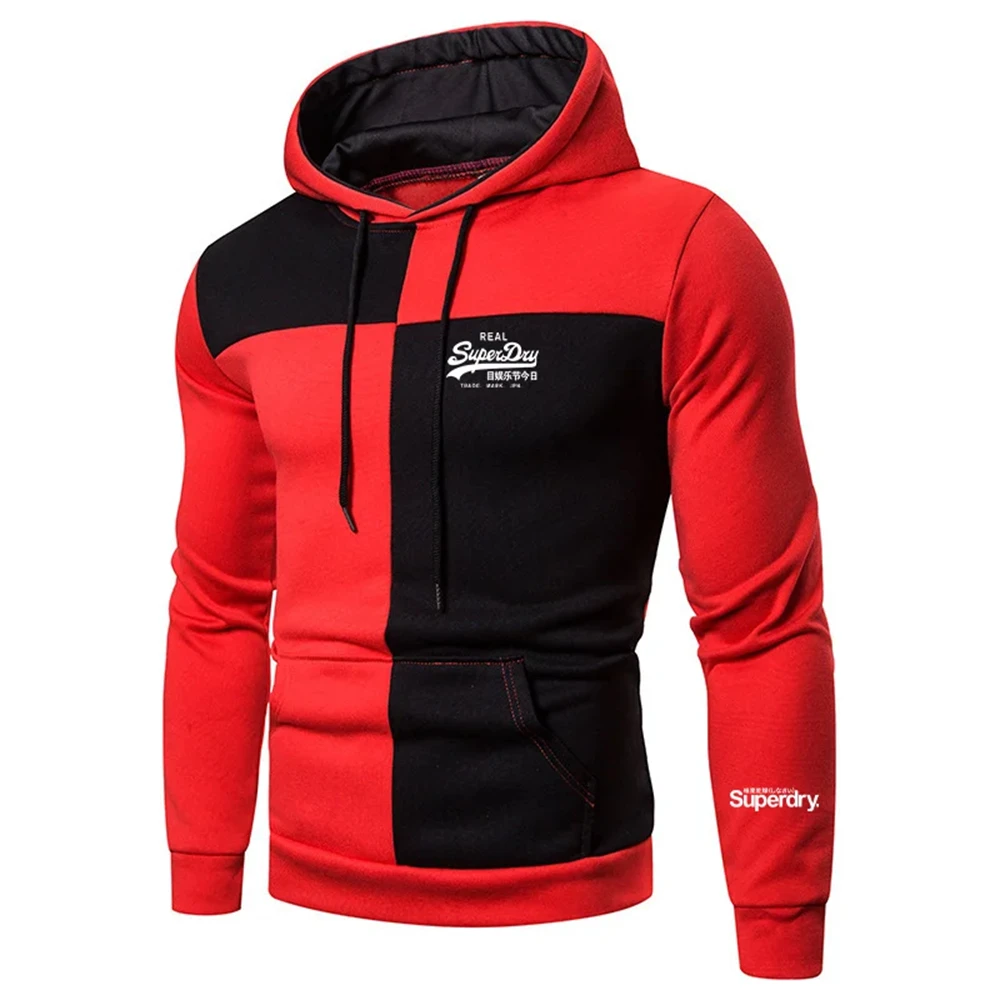 Autumn and winter new Superdry letter print patchwork hoodie Top Street Fashion men\'s Fleece pocket hooded casual sportswear