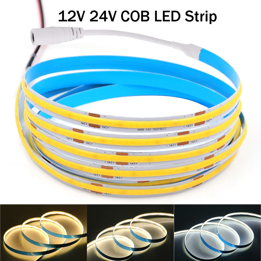 5M 10M COB LED Strip Light 12V 24V 320LEDs Flexible COB LED Lights High Density Linear Light with Adhesive White Warm Natural