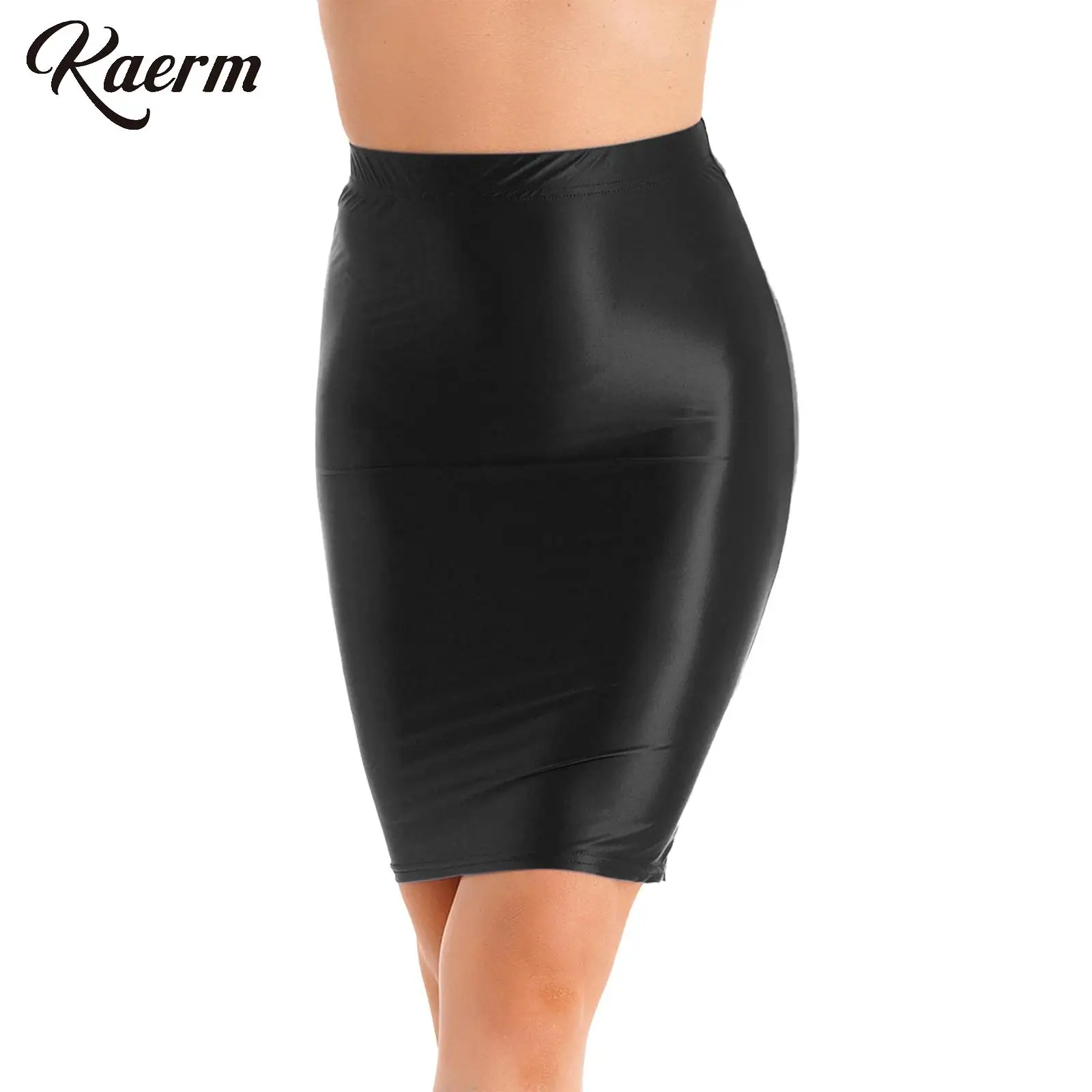 Womens Glossy High Waist Pencil Skirt High Stretchy Casual Solid Color Tight Fitting Skirts for Music Festival Party Club wear