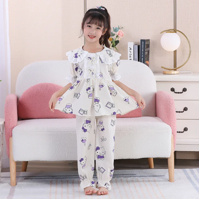 

Sanrios Hellokittys пижамный комплект Cinnamoroll Kuromi мультфильм Свободная Домашняя одежда милая Повседневная Ночная рубашка аниме милая одежда для сна подарок для девочки