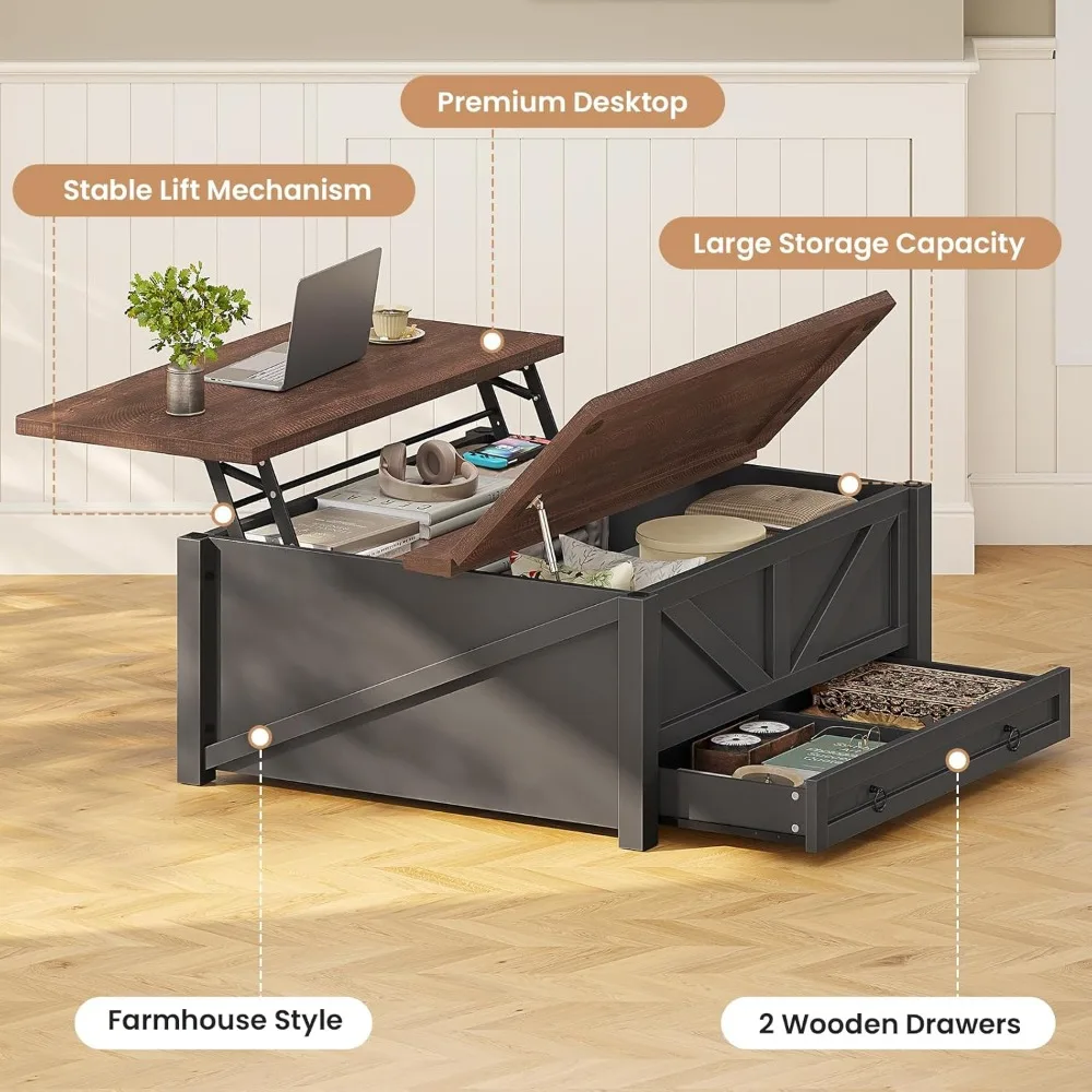 "طاولة قهوة خشبية مربعة الشكل لرفع التخزين مع أدراج ومقصورة مخفية"