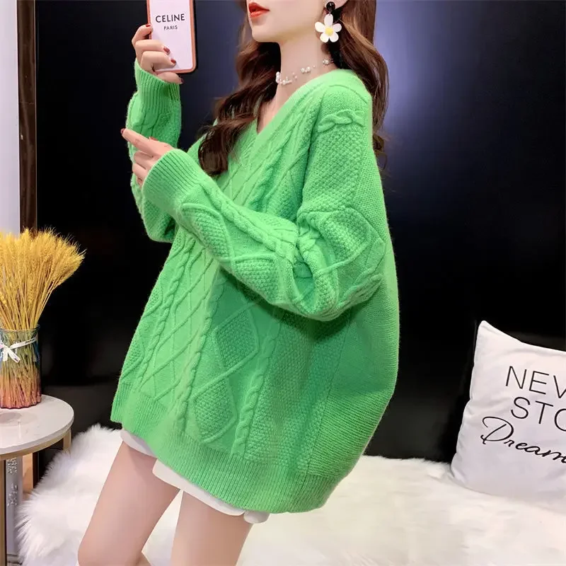 DAYIFUN V-neck Oversized Sweaters Women's Klein Blue Loose Lazy Knitted Pullovers Western Style Bottoming Jumpers Tops Female