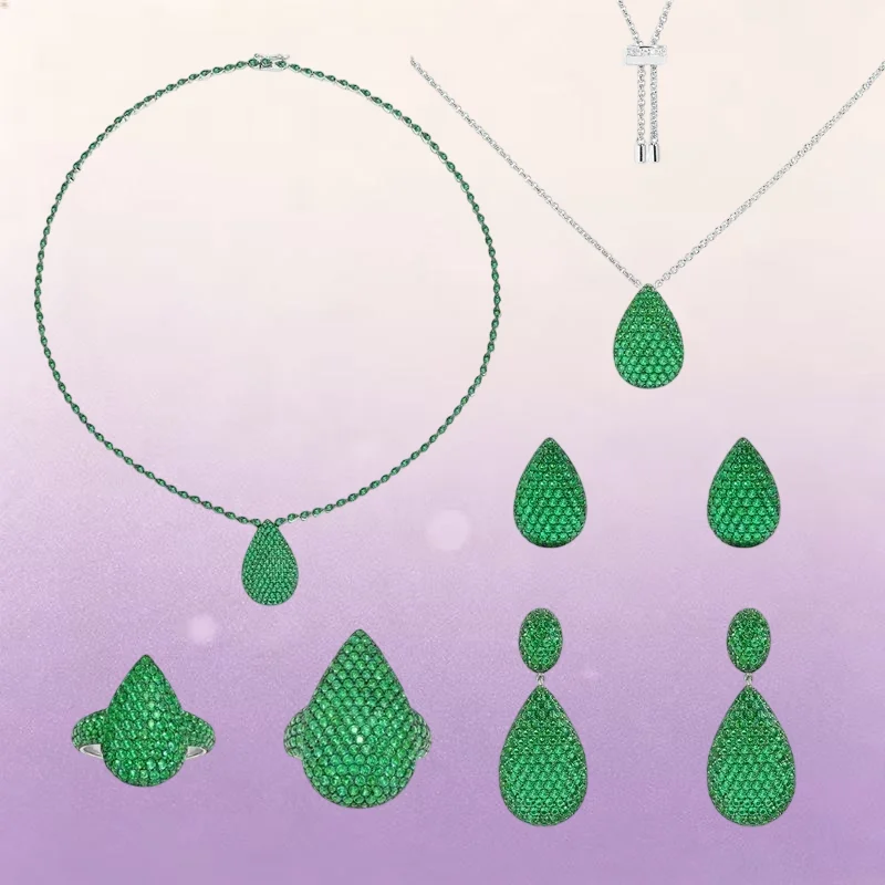 ZPPFF S925 Sterling Silver Water Droplet Shaped Green Ring Earrings Bracelet Necklace Women Advanced Luxury Festival Jewelry Gif