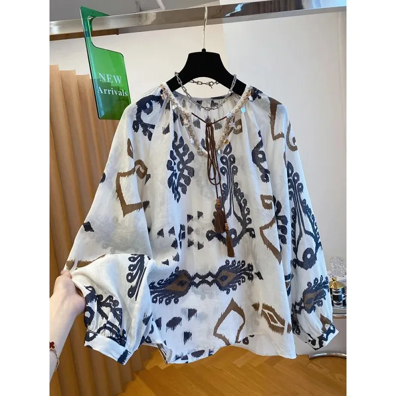 

Женская блузка в богемном этническом стиле с принтом, легкая, с защитой от солнца, с завязками на шее, пышными рукавами, свободного кроя