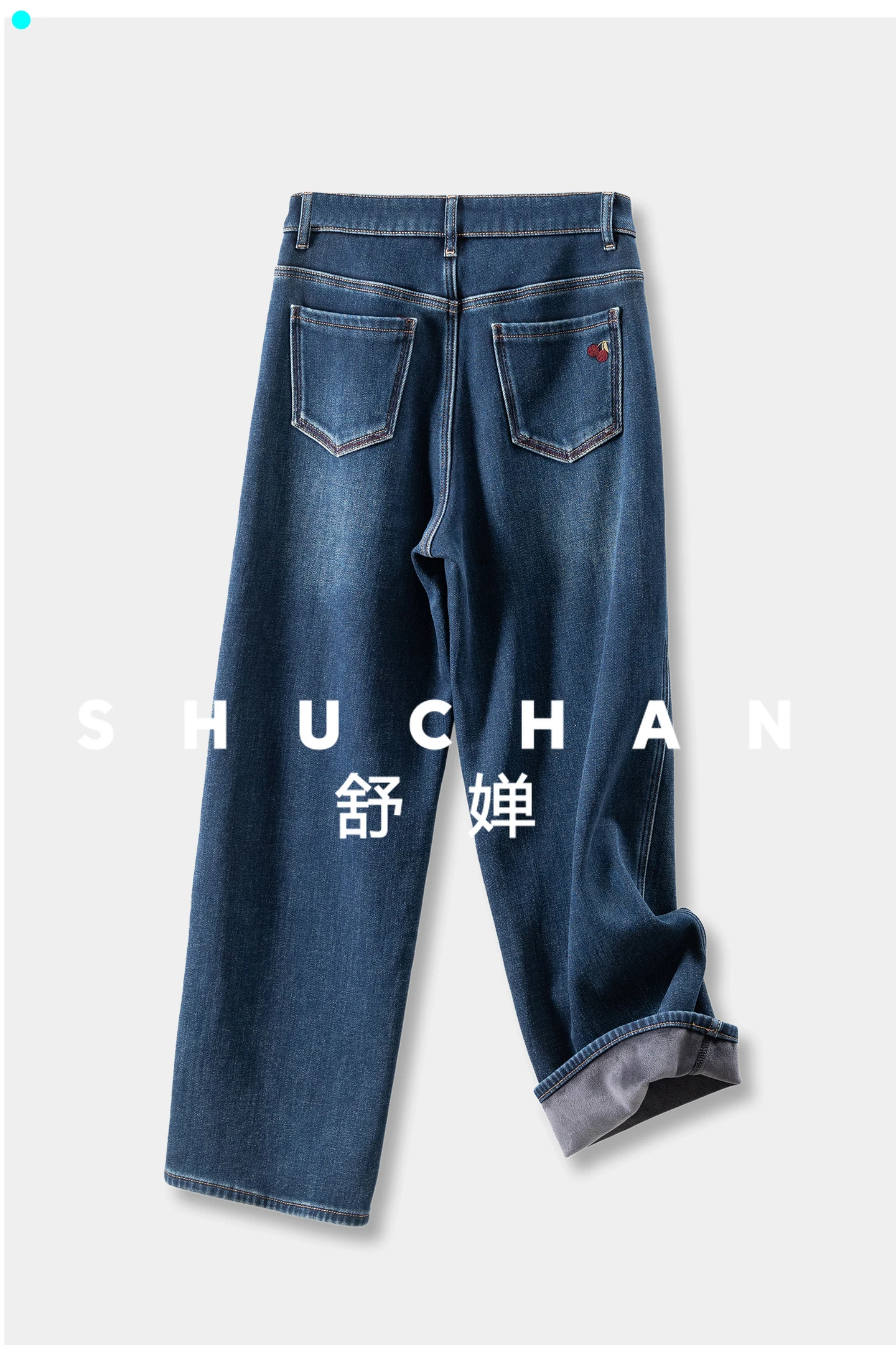 Inverno quente, cereja francesa bordado veludo de cintura alta reta jeans de perna larga feminino 29i4 pantalones de mujer