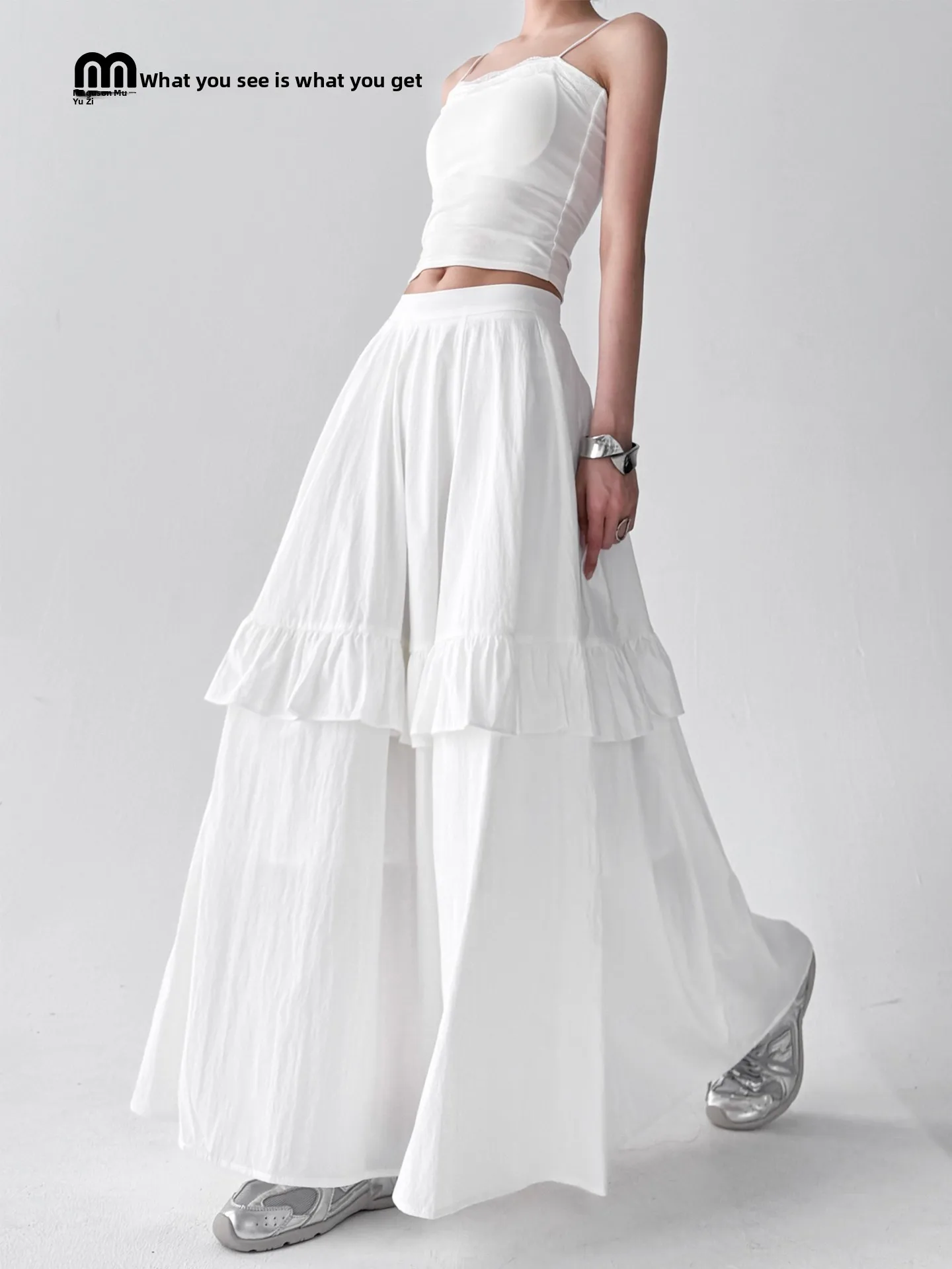 2025年夏新作 レディース ホワイト ハイウエスト スリム カジュアル ルーズ ロングスカート ケーキスカート 通勤 旅行 レジャー 学校