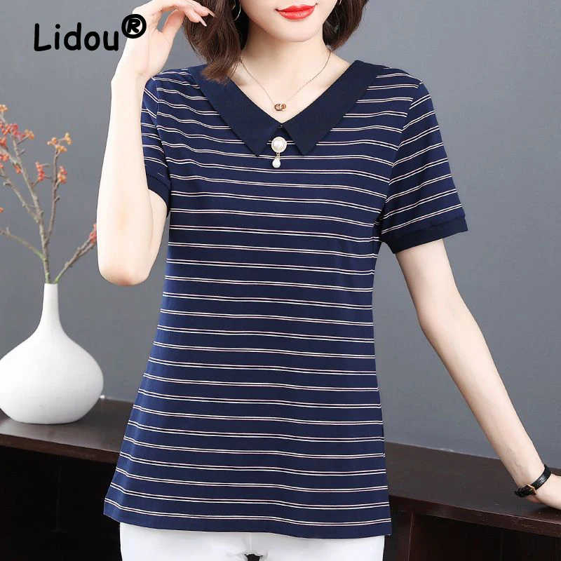 

Женская футболка в полоску, повседневный Свободный пуловер с коротким рукавом и бисером, корейский стиль, лето 2024